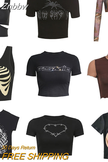 Znbbw Sexy Punk Vintage Goth Black T Shirt Summer Clothes For Women Fashion Rhinestone Crop Top O-neck Short Sleeve Tee Streetwear